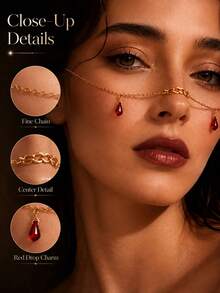 1pc Halloween Gold Face Chain For Women, Red Teardrop Charm Nose Bridge Chain, Elegant Facial Jewelry For Festival Party Cosplay Fashion Accessories - Multicolor - View 7