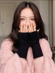 1/2 Pairs Autumn/Winter Half-Finger Knitted Gloves, Suitable For Students, Office And Writing, Warm And Cold-Resistant, Women's Touchscreen Gloves - Multicolor - View 2