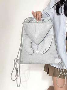 Korean Niche Design Ins Style Fashion Drawstring Bucket Backpack, Large Capacity Travel Backpack For Female College Students, Outdoor Outings - Grey - View 8