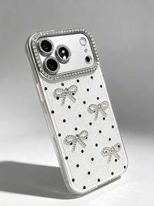 1pc White Sparkling Rhinestone Polka Dot Bow Phone Case, Compatible With IPhone 18 Pro Max, 17, 16 Pro, 15 Pro, 14 Pro, 13, 12, 11, Glitter Camera Protection Cover, Colorful Acrylic Protective Shell - White 3D Bow - View 4