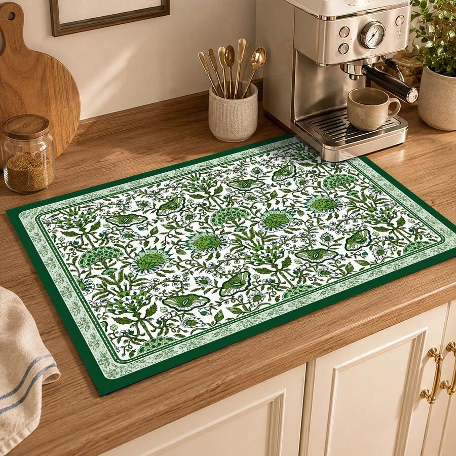 1pc Green Vintage Floral Vine Pattern Kitchen Absorbent Drying Mat, Elegant Pastoral Style, Suitable For Kitchen Countertop, Coffee Machine, Dining Table And Daily Home Decor - Multicolor - View 1