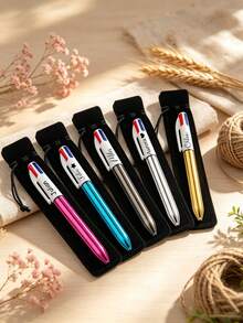 Customizable Retractable Ballpoint Pen Set With Pen Pouch, Laser Engraved Text, Replaceable 4-Color Ink Refills, Smooth Writing, Perfect For Office, Colleagues, School Supplies, And Back-To-School Gifts For Students And Teachers - Sets - View 6