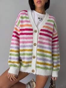 Women's Colorful Striped Knit Cardigan With Gold Button Detail, V-Neck Long Sleeve Sweater, Creating A Cute Preppy Style - Multicolor - View 1