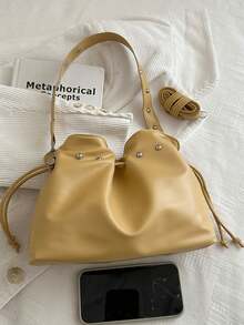 Women's Cloud Bag With Metal Rivet Decor, Adjustable Shoulder Strap, Loose Multi-Compartment Storage, Drawstring Closure, Relaxed Slouchy, Versatile For Daily, Date, Commute, Travel, Shopping, Casual, Underarm And Crossbody Large Bag - Yellow - View 3