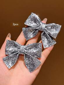 2pcs Korean Style Minimalist Silver Bow Hair Clips, Suitable For Daily Wear Hair Accessories - Silver - View 4