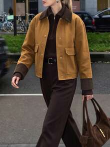 Jaket Pendek Wanita Musim Gugur dengan Kancing Depan, Manset dan Kerah Bergaris Kontras, Mantel Elegan untuk Perayaan Liburan dan Aktivitas Sehari-hari - Mocha Brown - View 10