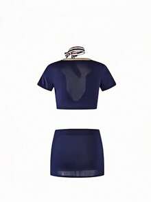 Captain & Flight Attendant Uniform Costume Set, Streamer Cosplay Outfit, JK Premium Short Sleeve Shirt 5-Piece Set - Blue - View 5