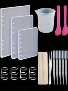 26pcs Notebook Silicone Mold Set / 3pcs Measuring Cups, Includes Book Rings, Spoons, Tweezers, Cups, Droppers, Wooden Sticks - Suitable For A5, A6, A7 Size Epoxy Resin DIY Projects, Epoxy Resin Handmade Crafts | Modern Handmade Supplies | Durable Silicone Molds - Multicolor - View 9