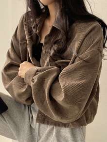 YUXIN Women's Autumn Vintage Short Corduroy Jacket, Lapel Button-Up Cardigan, Multi-Functional Practical Pockets, Drawstring Adjustable Hem, Casual Loose Fit, Elegant Everyday Top - Khaki - View 4