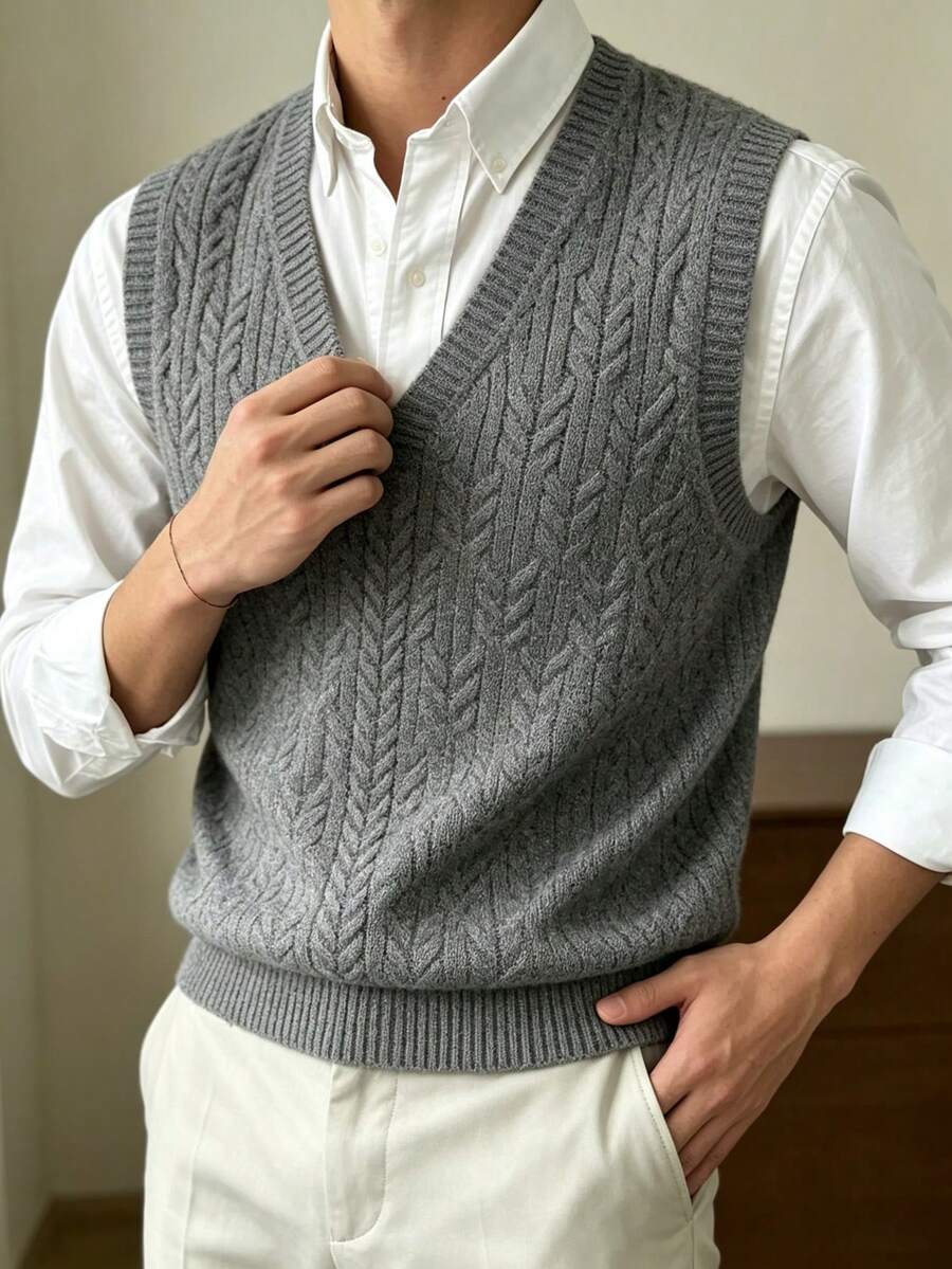 Men's Autumn/Winter Knitted Vest, Casual Business Versatile Commute - Grey - View 1