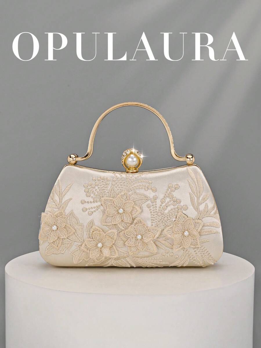 OpulAura 象牙色刺绣花卉图案单肩包，复古旗袍包，仙女手拿包，宴会包，伴娘包，新娘包，方形包，晚宴包，珍珠手拿包，亮片串珠包，正式礼服包，链条单肩包 - 米色 - 查看 1