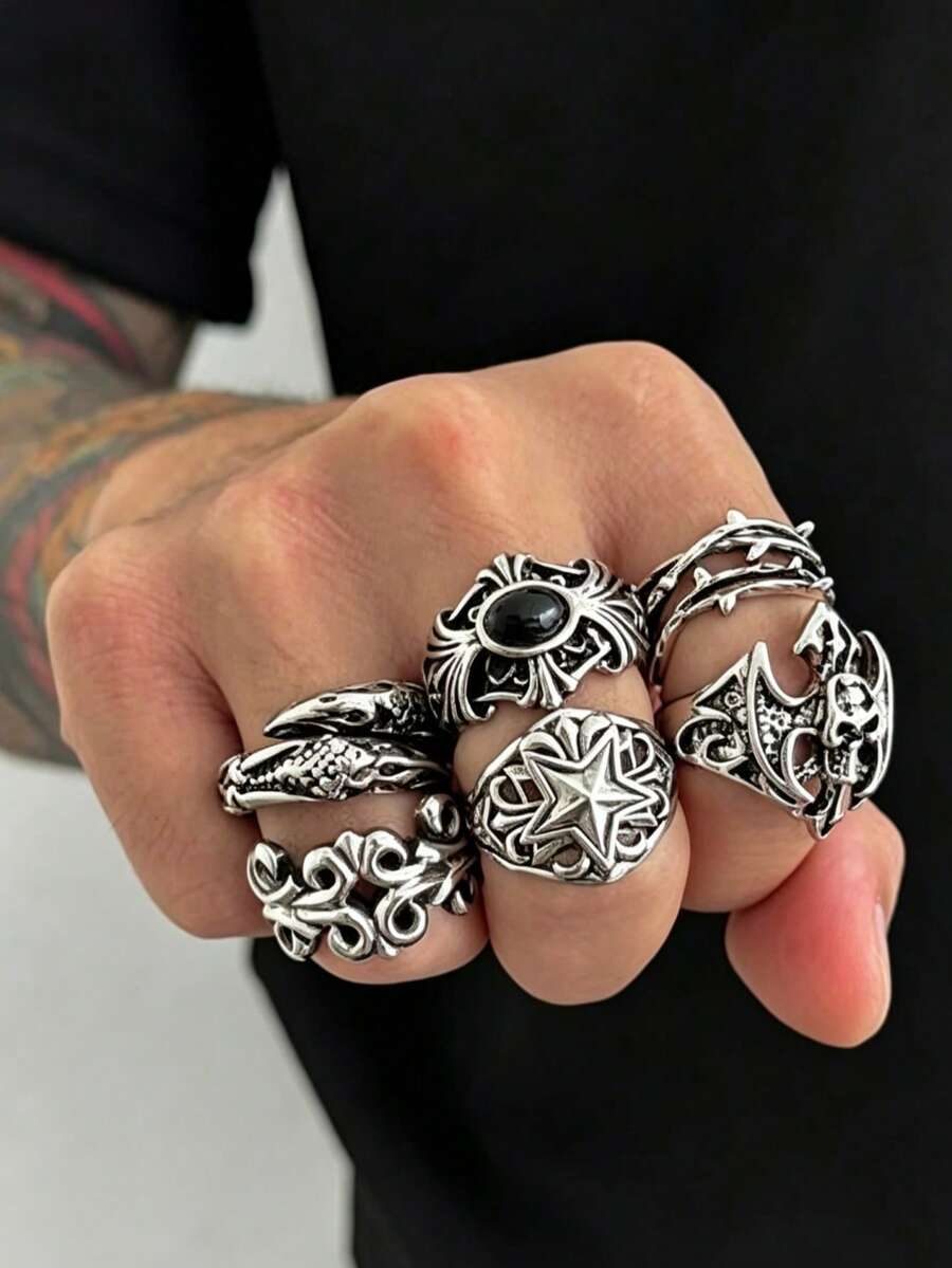 6pcs Hip Hop Black 8 Rings, Fashion Unique Devil Chain Finger Rings, Niche Design Jewelry Set, Stylish Charm Accessories, Ideal Valentine's Gift For Husband/Boyfriend - Devil Ring - View 1