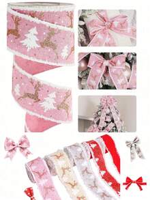 Cinta decorativa navideña de 5/2/1m, cinta navideña rosa, no deformable, adecuada para materiales de manualidades/lazos & decoración navideña/envoltura de regalos/decoración del hogar - Talla única - Ver 2