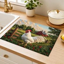 1pc Rooster And Farm Pattern Kitchen Absorbent Drying Mat, Country Pastoral Style, Suitable For Kitchen Countertop, Coffee Machine, Dining Table And Daily Home Decor - Multicolor - View 4