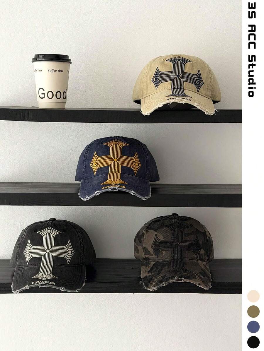 Vintage Cross Embroidery Baseball Cap, Retro Embroidered Y2K Style Versatile Baseball Cap, American Vintage Heavy Distressed Baseball Cap For Women, Personalized Versatile Brand Cross Embroidery Baseball Cap For Men, Face-Slimming Soft Top Baseball Cap For Women, American Cross Sun Protection Hat, Washed Distressed Versatile Baseball Cap