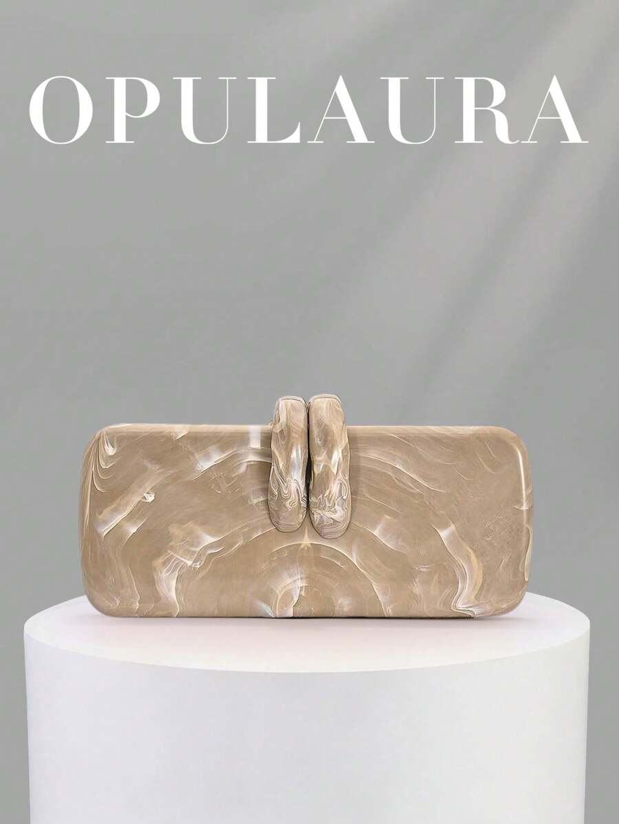 OpulAura 1pc European & American Style Women's Acrylic Evening Clutch Bag, Box Design With Rabbit Teeth Clasp, Suitable For Parties, Weddings, Valentine's Day, Random Pattern - Apricot - View 1
