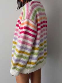 Women's Colorful Striped Knit Cardigan With Gold Button Detail, V-Neck Long Sleeve Sweater, Creating A Cute Preppy Style - Multicolor - View 5