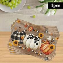 1/4/6pcs Autumn Series Plaid Bow Pumpkin Sunflower Pattern Printed Placemats, Heat-Resistant Table Mats For Home Kitchen/Dining Table Protection, Party Decor - Multicolor - View 14