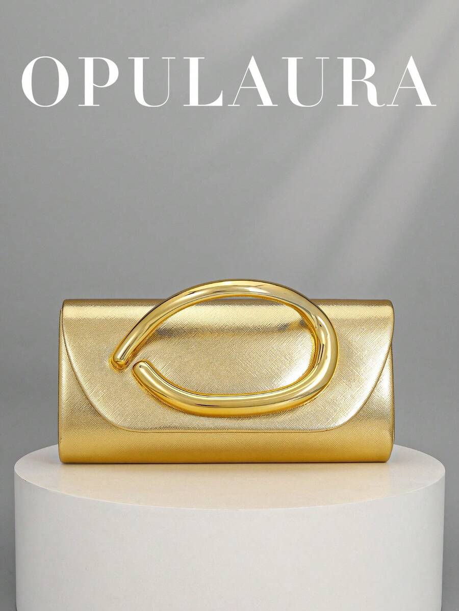 OpulAura 复古纯色手拿包，多功能迷你钱包，时尚PU皮革手提包，适合婚礼、派对、盛会、晚宴和其他场合。 - 金色 - 查看 1