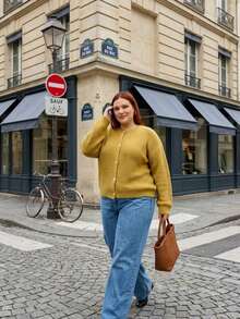 Plus Size Women's Solid Color Casual Versatile Daily Cardigan - Yellow - View 2