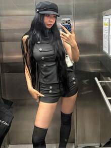 Top Dazzle Chic Black Knitted Sleeveless Funnel Neck Top For Women, Featuring Stylish Button Embellishments, A Regular Length Fashion Piece - Black - View 5