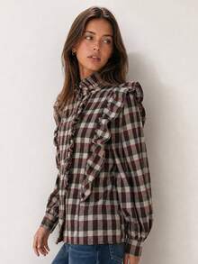 ARMONIAS Women's Plaid Cotton Blouse Autumn 2026, Mock Neck, Long Sleeve, Button-Up With Ruffles For Daily And Office Wear, Women's Autumn Clothing - Burgundy - View 2