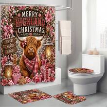 1pc/4pcs Christmas Pink Flower Candy Highland Cow Multi-Functional Bathroom Decor Shower Curtain Set, Free 12 Hooks, Premium Holiday Atmosphere, Bathroom Mat, U-Shaped Rug And Round Toilet Lid Cover, Suitable For All Christmas Scenes Decoration - Pink Flower Highland Cow - View 9