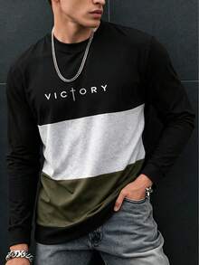 Men's Spring/Autumn Minimalist English Print Patchwork Slim Fit Regular Shoulder Crew Neck Long Sleeve T-Shirt - Black - View 1