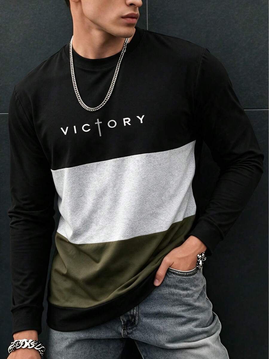 Men's Spring/Autumn Minimalist English Print Patchwork Slim Fit Regular Shoulder Crew Neck Long Sleeve T-Shirt - Black - View 1