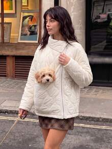 Must-Have For Pet Owners,Women's Casual Fleece Lined High Neck Zip-Up Gold Button Oversized Padded Quilted Coat For Daily,Fall Clothes,Winter Outfit - White - View 3