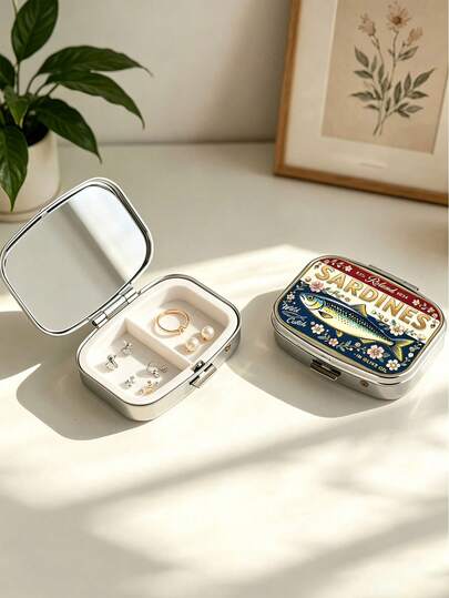 2D Flat Printing Sardine Can Style - Exquisite Small Trinket Box - Small Portable Medicine Organizer, Pocket-Sized And Beautiful/Thoughtful Gift/Easy To Carry | Compartmentalized Storage, Jewelry Storage | Convenient To Carry