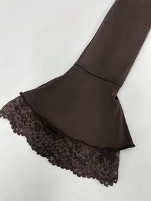 Women's Early Autumn Lace Patchwork Square Neck Front Ruched Drawstring Flare Sleeve Fitted Asymmetrical Hem Waist-Cinched Vintage Y2K Style Coffee Brown T-Shirt - Brown - View 7