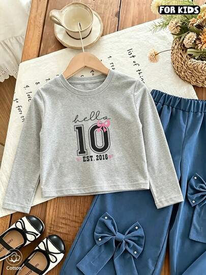 Girls Hello 10 Est. 2016 Long Sleeve Cotton Tee With Pink Bow Print