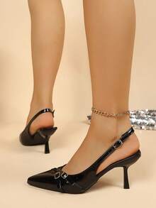Elegant Pointed Toe Slingback Heels Double Buckle Decor Stiletto Heel Pumps For Party Dating Daily Wear - Army Green - View 3