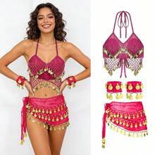 1 Set Handmade Sequin Beaded Tassel Camisole Bra With Multicolor Metallic Fabric Glitter Sequin Waist Belt Skirt Belly Dance Costume Stage Carnival Performance Outfit. Suitable For Party, Beach, Bohemian Vintage Style. - Multicolor - View 10