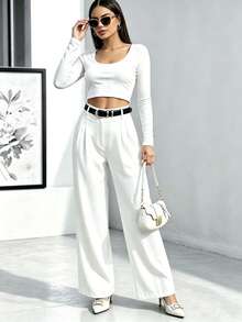 Women's Solid Color Pocket Draped Button Casual Wide Leg Long Pants - White - View 8