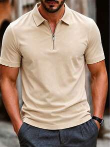 Men's Summer Fashion Half-Zip Polo Collar Short Sleeve T-Shirt, Suitable For Social Gatherings, Fashionable Item - Apricot - View 1