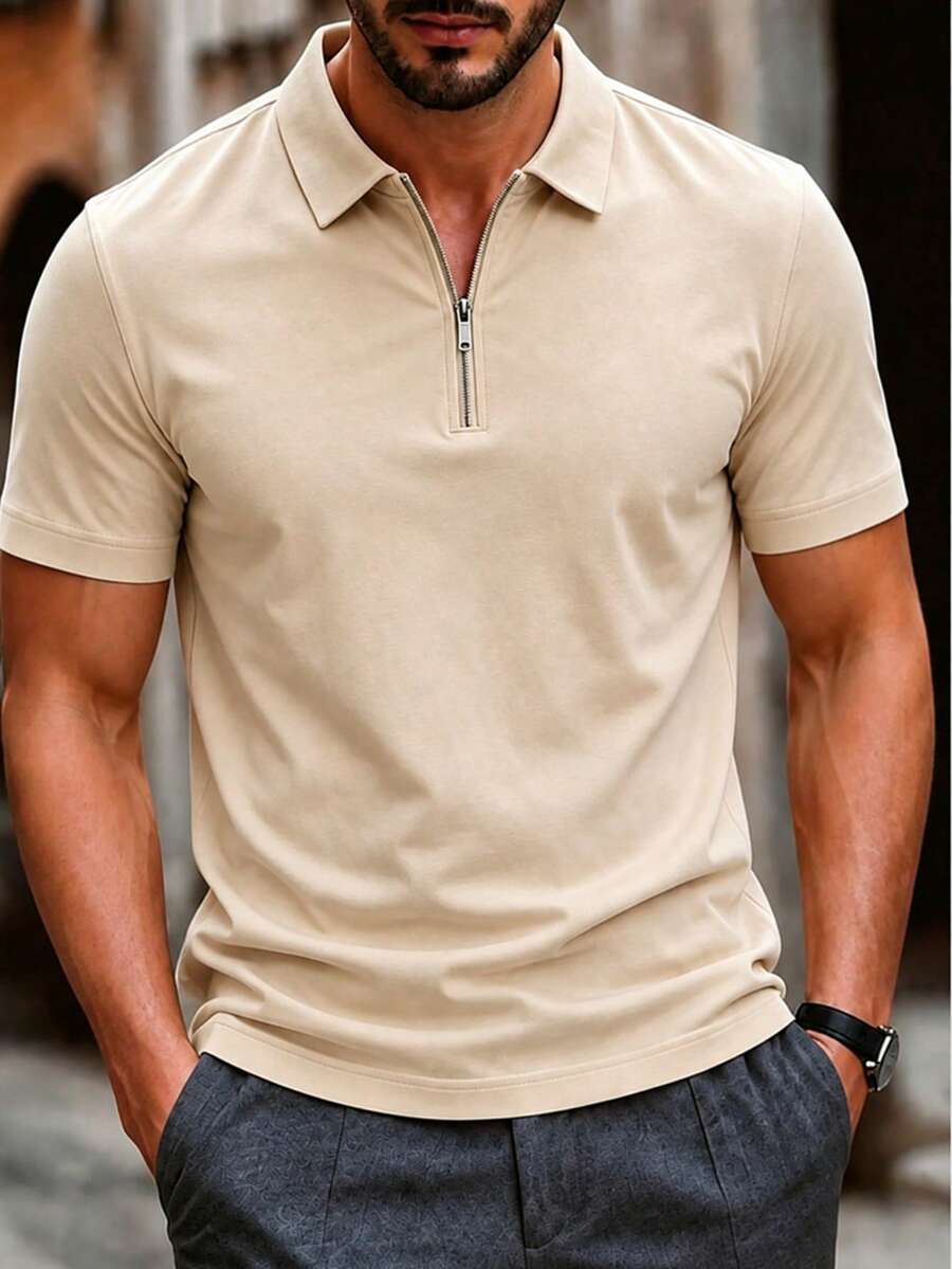 Men's Summer Fashion Half-Zip Polo Collar Short Sleeve T-Shirt, Suitable For Social Gatherings, Fashionable Item - Apricot - View 1