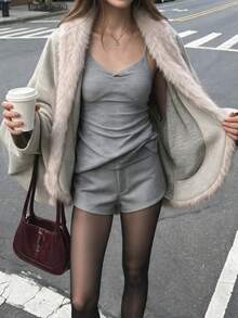 Faux Fur Collar Loose Wool Coat, Casual Stylish Daily Home Streetwear Jacket, Faux Fur Winter Style - Apricot - View 1
