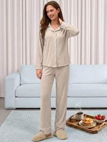 Contrast Trim Button Front Long Sleeve Pajama Set - Beige - View 3