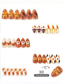 NAIO 10片裝秋季3D火雞南瓜可頌楓葉奶牛紋亮面穿戴甲，高級全覆蓋，感恩節秋季風格，杏仁形，適合假日派對、日常約會，女性與女孩適用 - 彩色 - 查看 3