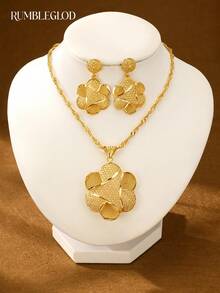 3pcs Luxury Exquisite Six-Petal Flower Floating Middle Eastern Pattern Necklace & Earrings Set, 18K Gold Plated, Suitable For Women, Girls, Wedding, Party, Daily Wear - Gold - View 3