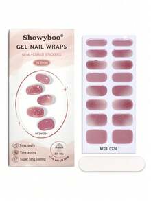 Semi-Cured Gel Nail Stickers, Soft Translucent Smoky Pink With Gold Foil And Glitter Design Full Coverage Nail Wraps, High Gloss Finish, Long-Lasting Wear, Protects Natural Nails, Suitable For Daily Commute, Date, Vacation, Afternoon Tea, Wedding - Watermelon Pink - View 6