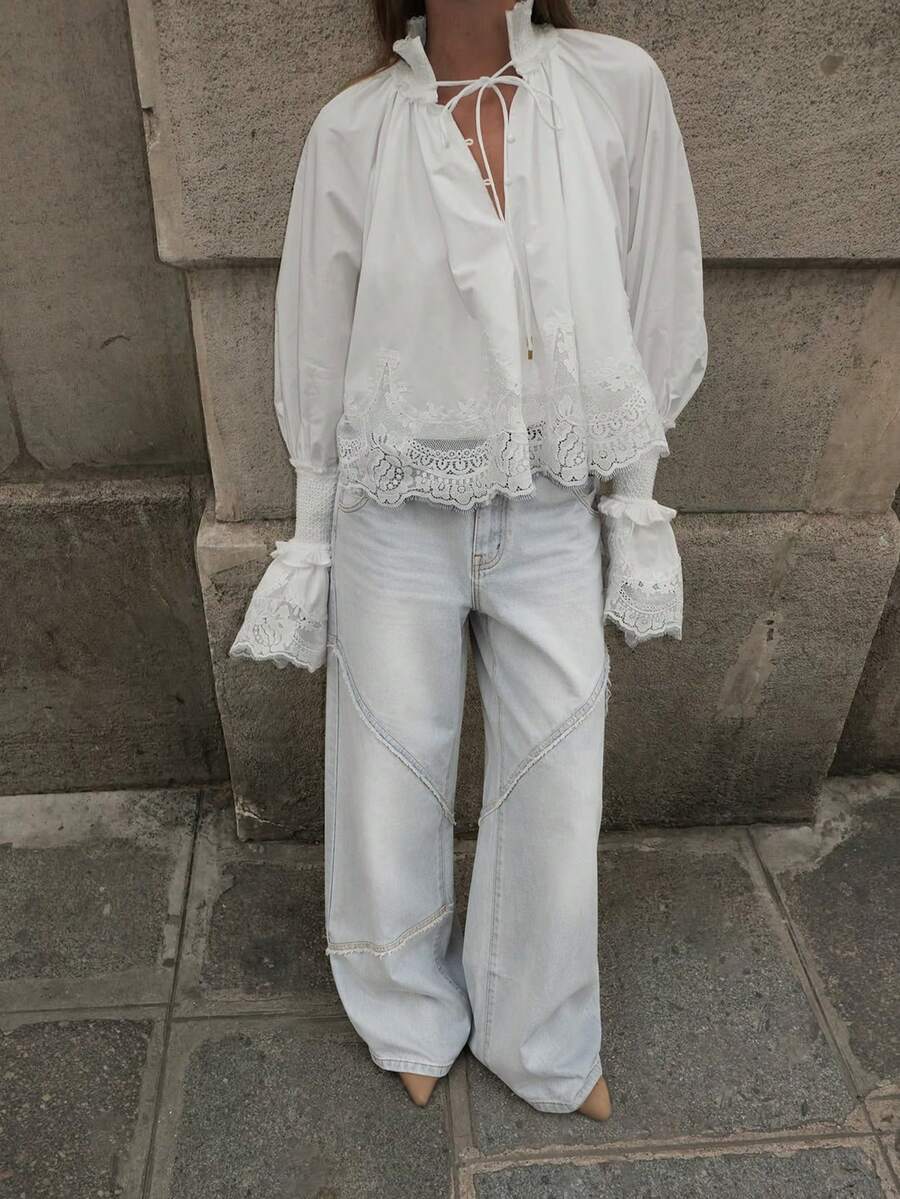 Women's Spring/Autumn Fashion Casual Versatile Solid Color Lace Trim V-Neck Blouse, Suitable For Brunch Outfits - White - View 1