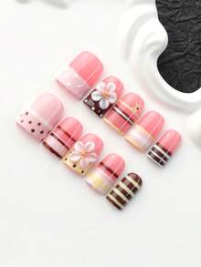 10pcs Handmade Press On Nails, Short Square Pink Brown Fake Nails With 3D Flower Design,Stripe, Cute Y2K Nail Art, Hand Painted Nails, Faux Ongle, Handmade Nails, Nail Stickers, Square Press On Nails, Removable Reusable, Tool Kit Included, Fall Nails - Multicolor - View 3