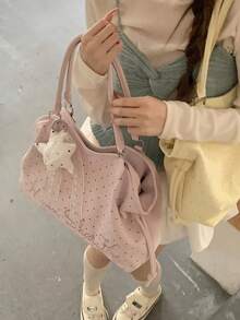 Embroidered Polka Dot Tote Bag, Y2K Sweet Cool Style Shoulder Bag, Large Capacity Commuter Bag, No Pendant, No Pendant - Pink - View 5