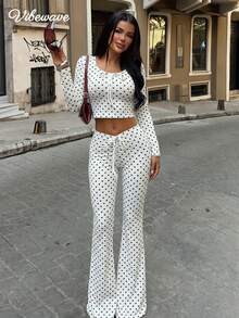 VIBEWAVE White Polka Dot Bowknot Short Long Sleeve Top & High Waist Drawstring Flared Pants 2 Pieces Set Women American Hot Girl Retro Style Spring Autumn - White - View 3