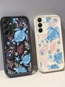 1pc Blue Sea Turtle Coral Print Pattern Phone Case, Black Edge Leather Frame Shockproof Soft TPU Protective Cover, Compatible With GALAXY, HONOR, Phones - White - View 3