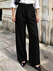 Celana Panjang Wanita Model Lurus Bahan Polyester, Dekorasi Kancing, Tidak Melar, Tidak Transparan, Cocok untuk Acara Formal Musim Gugur, Hitam - Hitam - View 1