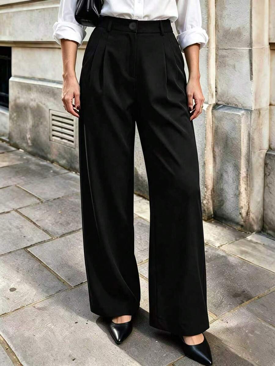 Celana Panjang Wanita Model Lurus Bahan Polyester, Dekorasi Kancing, Tidak Melar, Tidak Transparan, Cocok untuk Acara Formal Musim Gugur, Hitam - Hitam - View 1